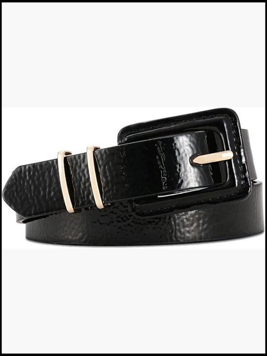 Patent Leather Belt with Square Buckle Gold Accents Adjustable Skinny main image 7